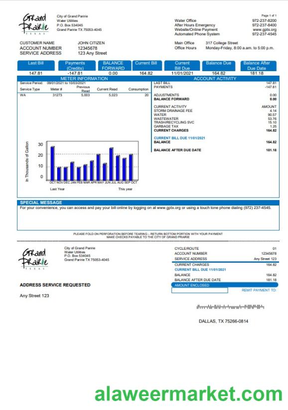 USA Texas Grand Prairie utility bill template in Word and PDF format